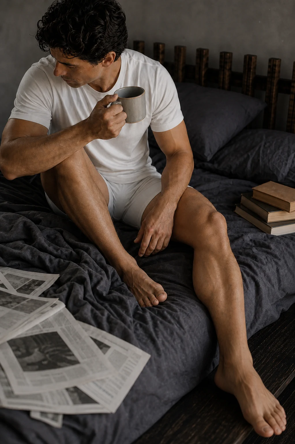 Man wearing Formday M700 SilkModal boxer briefs during a relaxed coffee moment