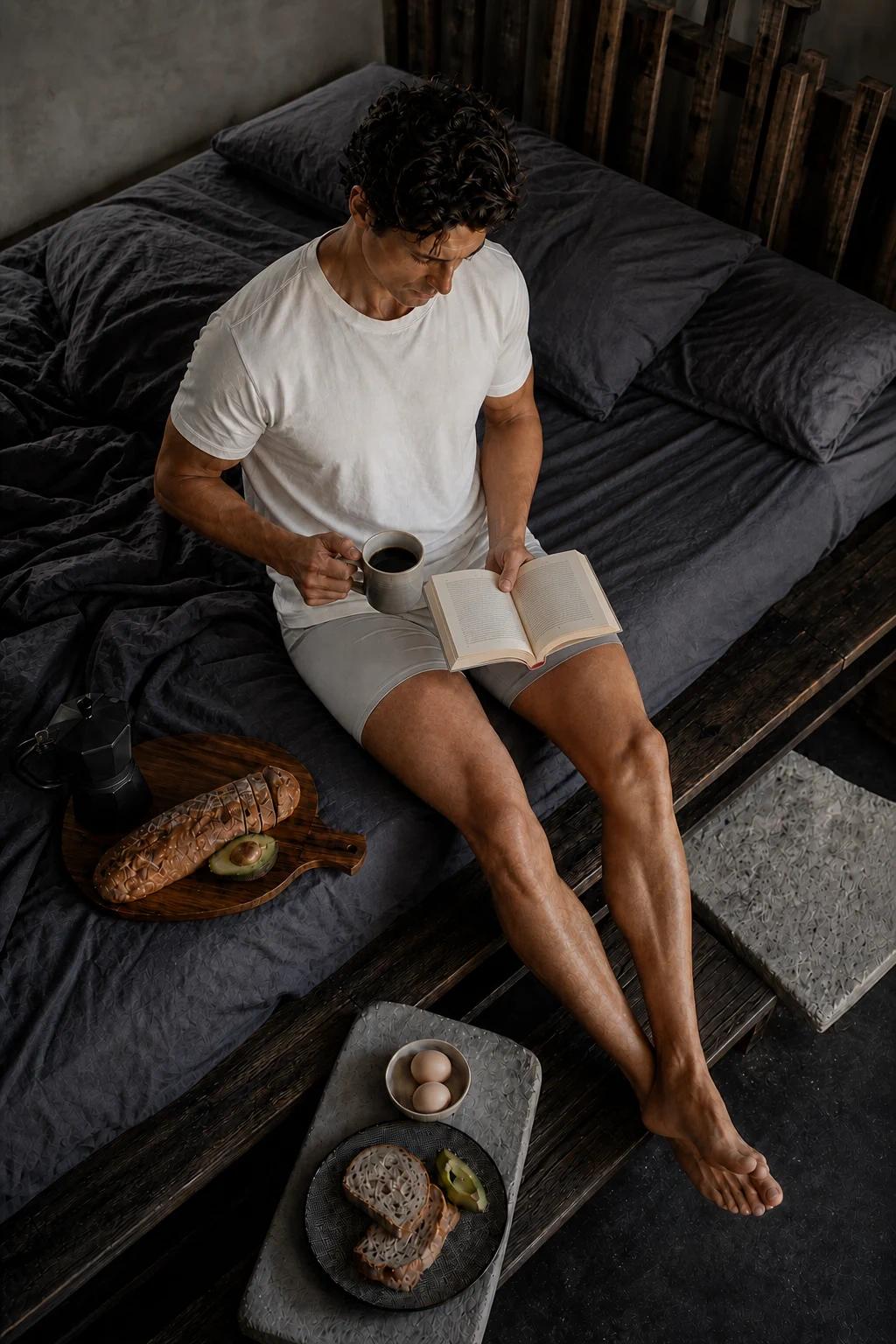 Man wearing Formday M700 SilkModal boxer briefs while reading with coffee